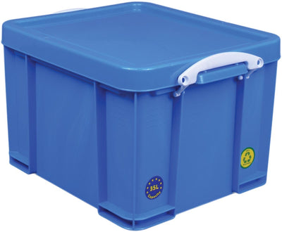 Wirklich nützliche Box-Aufbewahrungsbox 35 Liter | neonblau mit weißen Griffen