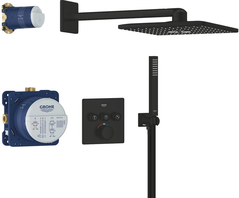Grohe Präzisions-Smartcontrol-Einbaubrause – mit Thermostatarmatur – Vitalio Smartactive 310 Cube Kopfbrause (2 Strahlarten) Vitalio Joy Cube Stick-Handbrause (1 Strahlart) – rundes Design – mattschwarz
