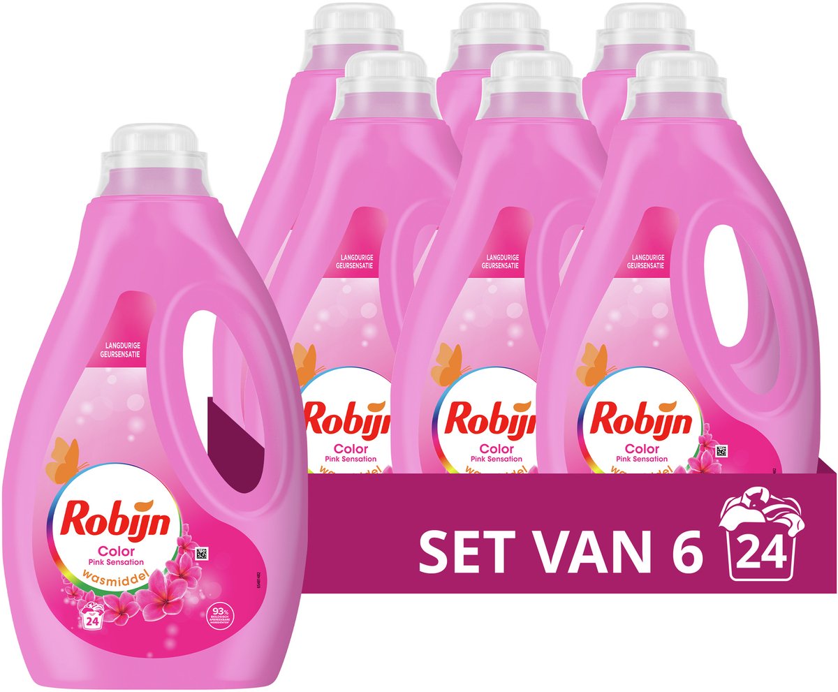 Robijn – Flüssigwaschmittel – Pink Sensation – 6 Flaschen – 144 Waschgänge – Vorteilspackung