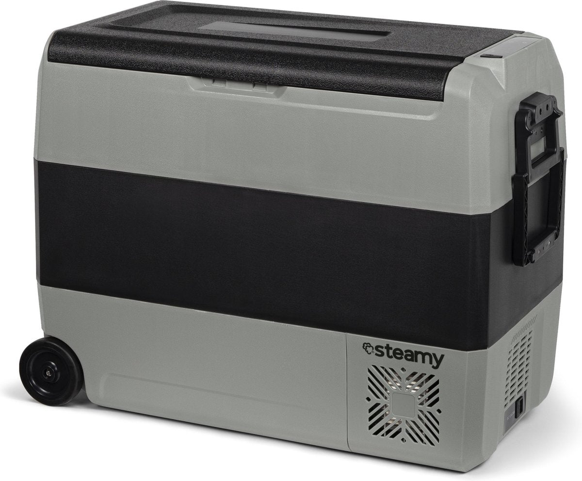 Steamy-e Zweizonen-Roller-Kühlbox mit elektrischem Kompressor auf Rädern – 56 Liter – 12 V und 230 V – für Auto und Camping – Grau
