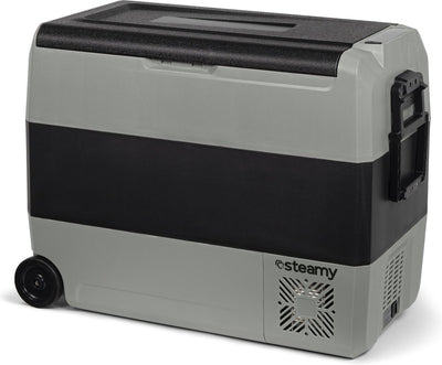 Steamy-e Zweizonen-Roller-Kühlbox mit elektrischem Kompressor auf Rädern – 56 Liter – 12 V und 230 V – für Auto und Camping – Grau