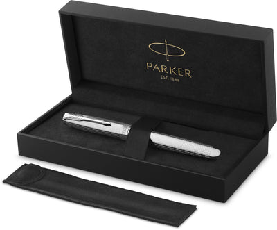 Parker Sonett Ciselé Special Edition Füllfederhalter, Kappe, Schaft und Details mit Palladium-Finish, mittelgroß, Feder aus 18-karätigem Massivgold, schwarze Tinte und Konverter