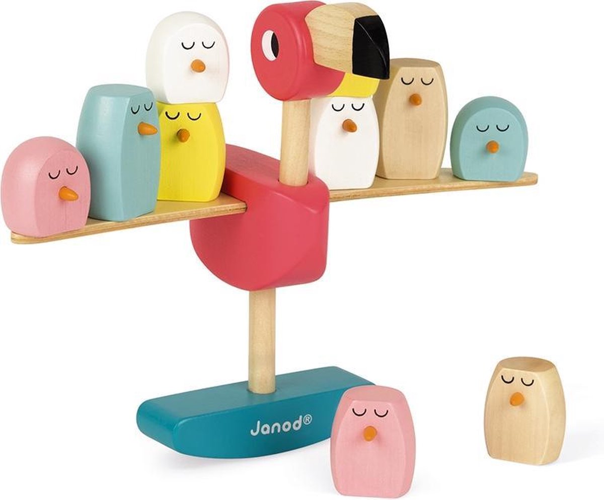Janod Zigolos - Holz-Balancespiel Flamingo - Balance- und Geschicklichkeitsspiel - Wer als Erster den Flamingo und seine Kleinen umwirft, verliert! - geeignet ab 3 Jahren