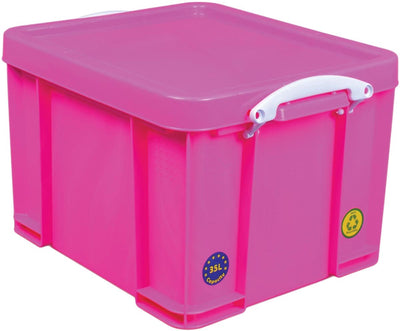 Wirklich nützliche Box-Aufbewahrungsbox 35 Liter | neonpink mit weißen Griffen