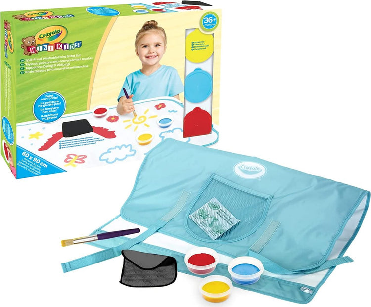Crayola Mini Kids – spritzwassergeschütztes Farbmatten-Set, maxi wiederverwendbare Oberfläche zum Malen mit abwaschbarer Farbe, ab 36 Monaten