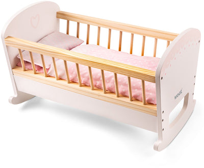 Woet® Puppenbett aus Holz – inklusive Bettdecke und Kissen – rosa Wiege für Puppe – Puppenmöbel-Spielzeug – Rollenspiel-Puppenzubehör – ab 3 Jahren