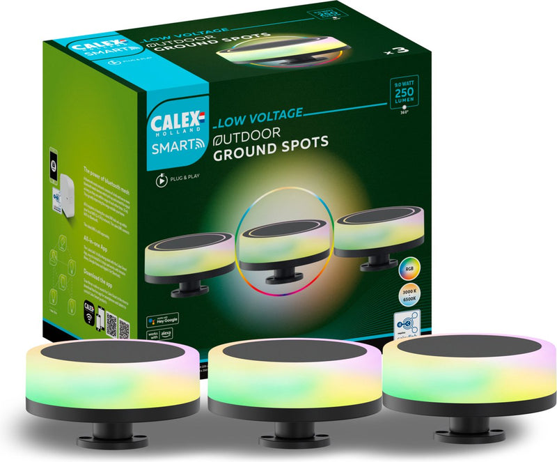 Calex intelligente 24-V-Gartenbeleuchtung für den Außenbereich – Set mit 3 Wegeleuchten – intelligenter Bodenstrahler – RGB und warmweißes Licht – Schwarz