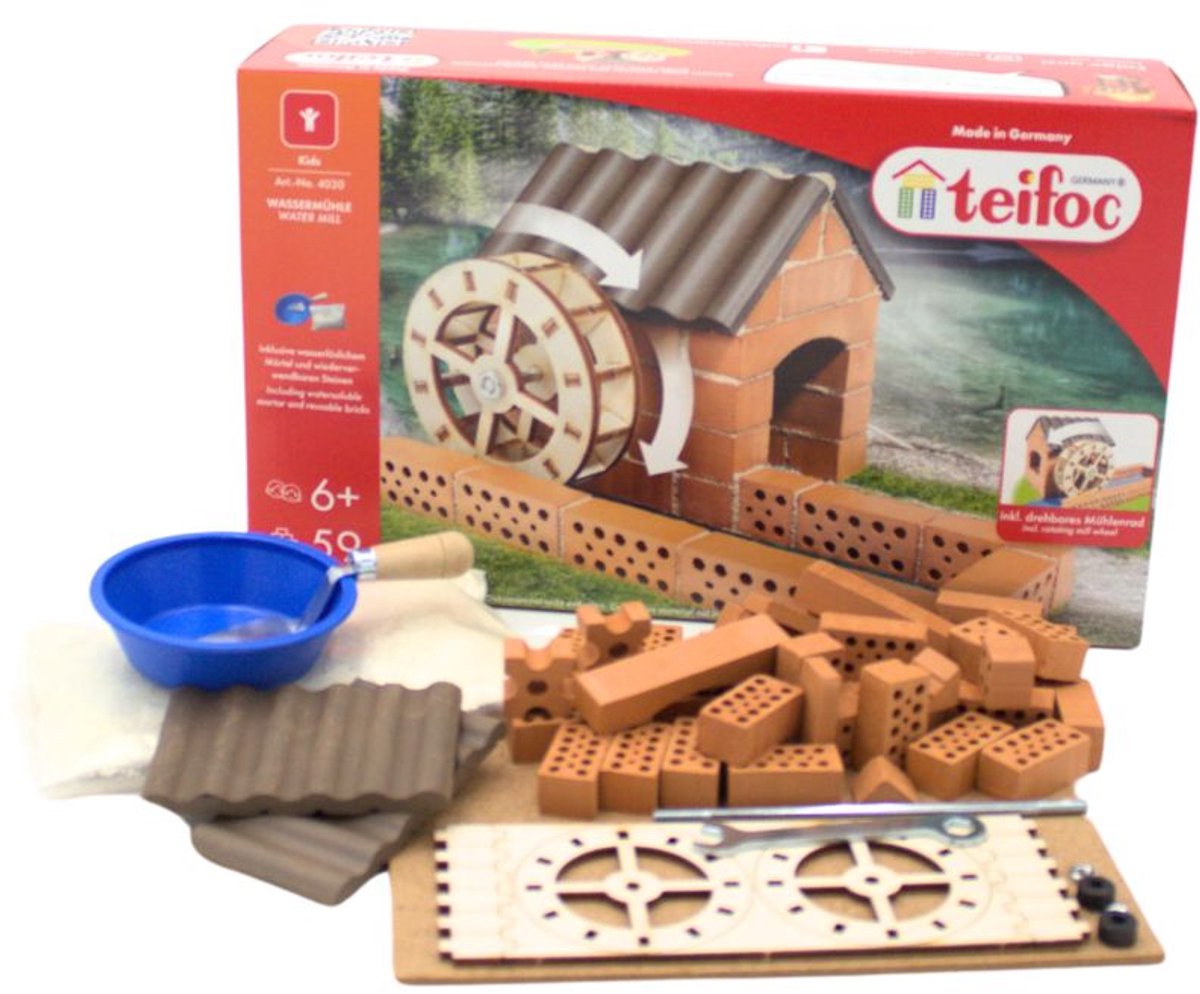 Teifoc® Baukasten – Wassermühlen-Bauset – 60 Teile – echte Mini-Steine mit Zement, Schüssel und Kelle – Bausatz für Kinder ab 6 Jahren