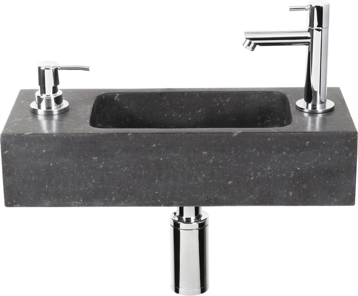 Differnz Saponbrunnen-Set – 42 x 18,5 x 9 cm – rechteckig – 1 Hahnloch – mit Siphonbrunnen und Ablassschraube – schwarzer Naturstein