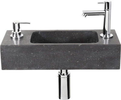 Differnz Saponbrunnen-Set – 42 x 18,5 x 9 cm – rechteckig – 1 Hahnloch – mit Siphonbrunnen und Ablassschraube – schwarzer Naturstein