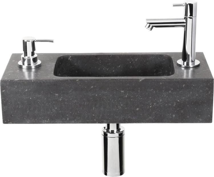 Differnz Saponbrunnen-Set – 42 x 18,5 x 9 cm – rechteckig – 1 Hahnloch – mit Siphonbrunnen und Ablassschraube – schwarzer Naturstein