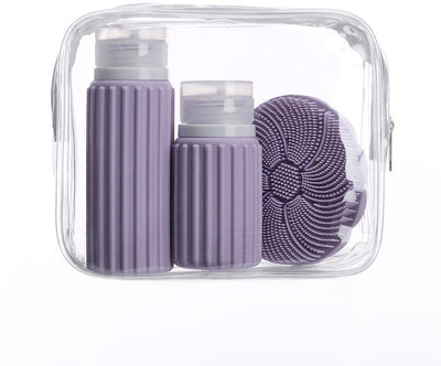 Muitomas Reisetasche + Gesichtsbürste + 2 Flaschen – kompakt – wasserdichte transparente Tasche – Silikon-Reiseflaschen – violett