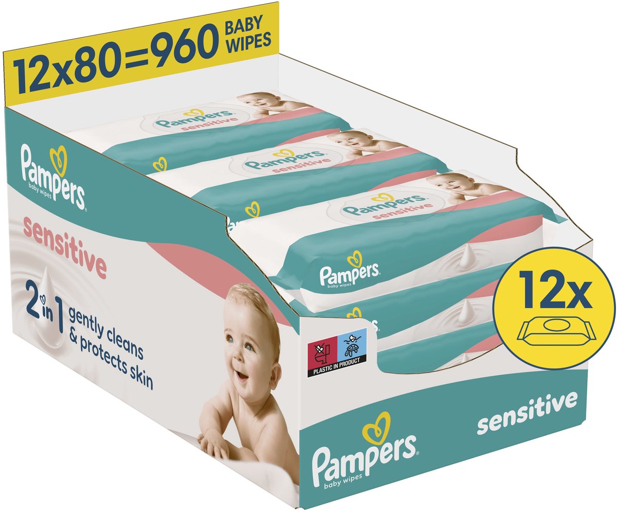 Pampers Sensitive Babyfeuchttücher – 12 Packungen mit 80 Tüchern = 960 Babyfeuchttücher