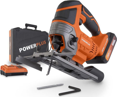Powerplus Dual Power powdp25310 Stichsäge – 20 V – inkl. 1x 20V 2,0Ah Akku, Ladegerät, Zubehör, Vakuumanschluss, Parallelführung und Aufbewahrungskoffer