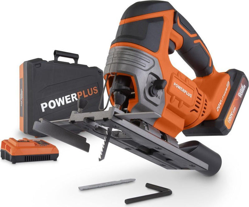 Powerplus Dual Power powdp25310 Stichsäge – 20 V – inkl. 1x 20V 2,0Ah Akku, Ladegerät, Zubehör, Vakuumanschluss, Parallelführung und Aufbewahrungskoffer