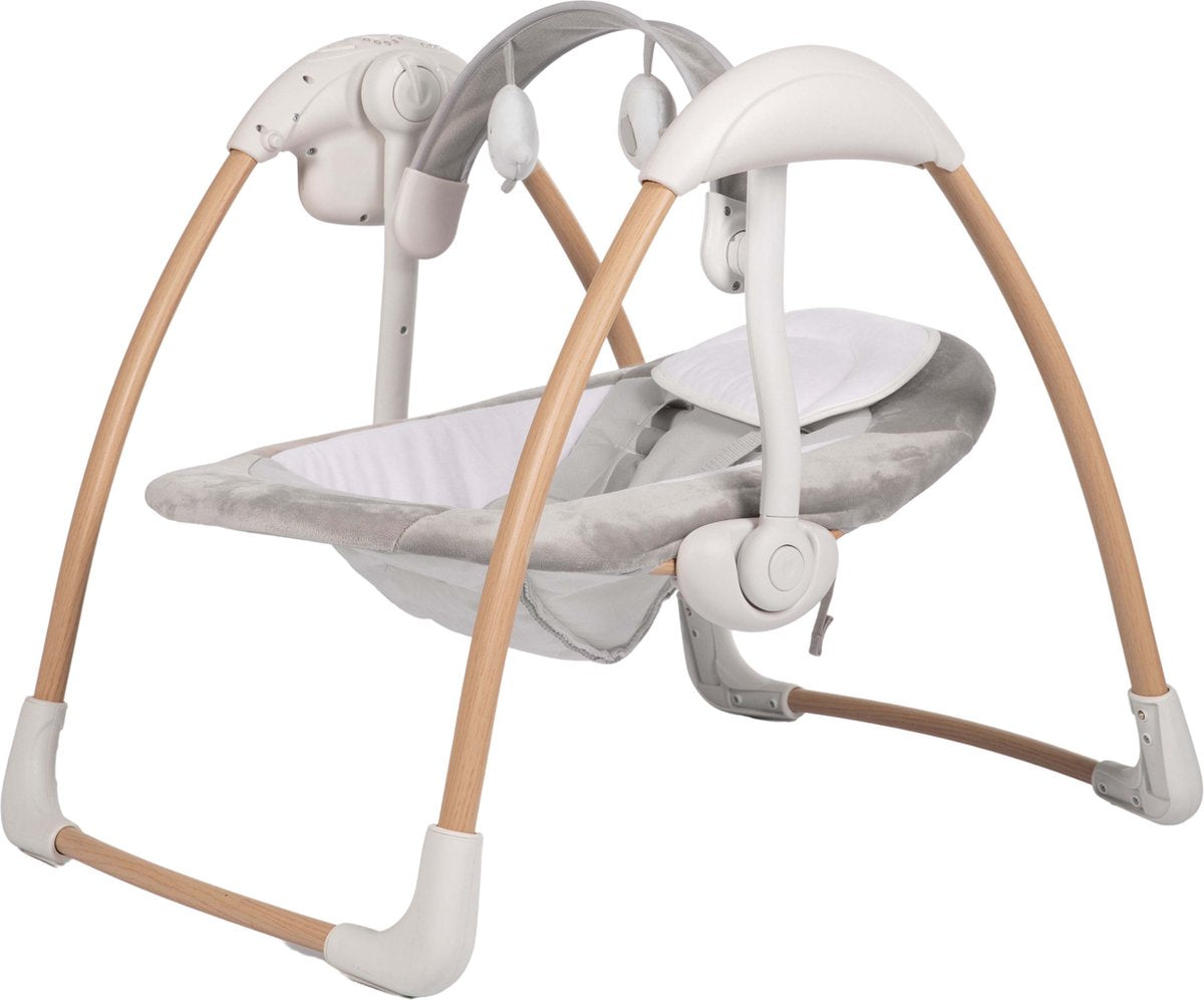 Bo Jungle - Schaukelstuhl - Schaukelbaby - bis max. 9 kg – inklusive Spielbogen – verstellbar – weicher Stoff – Musik-Vibrationsfunktionen und Naturgeräusche – Timer-Funktion – Netzkabel oder Batterien – faltbar – tragbare Schaukel Dolphy reinweiß – weiß