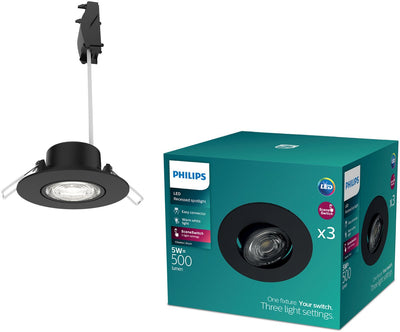 Philips LED Philips Cilantro Einbaustrahler – Szenenschalter-Lichttechnologie – 5 W – warmweißes Licht: 2700 K – Schwarz – 3er-Pack
