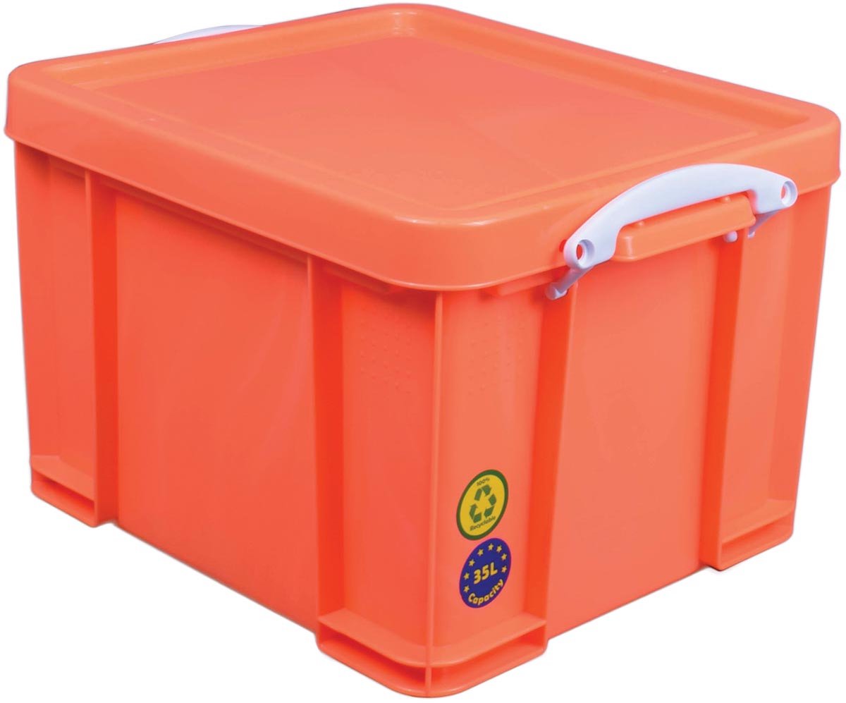 Wirklich nützliche Box-Aufbewahrungsbox 35 Liter | neonorange mit weißen Griffen