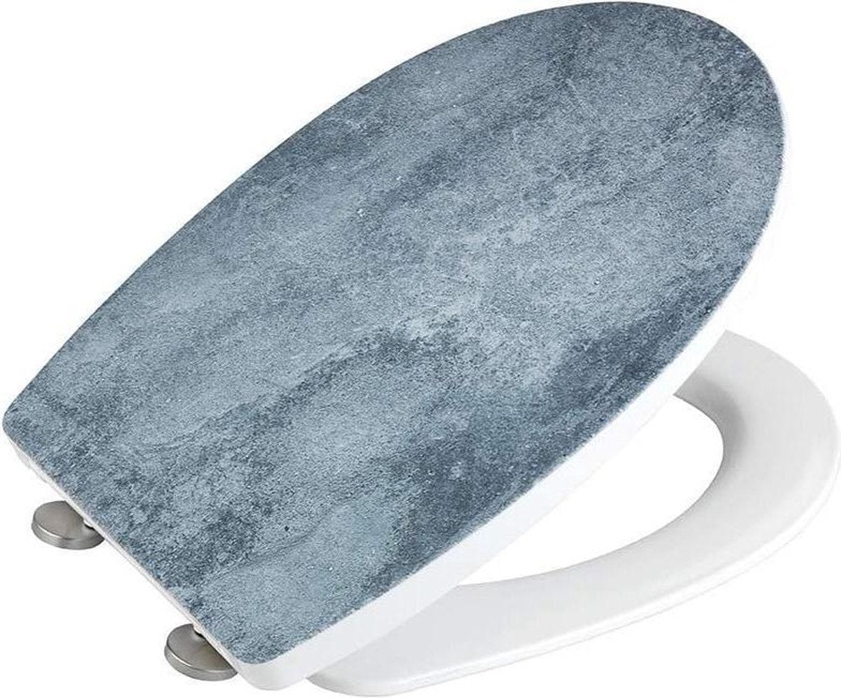 WENKO WC-Sitz Zement – Thermoplast mit Strukturdruck – Easy-Close-Soft-Close-Verschluss – Fix-Clip-Befestigung aus Edelstahl abklickbar – Belastbarkeit bis 350 kg – WC-Sitz-Dekor mit Struktur – WC-Sitz mit Aufdruck
