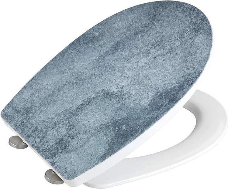 WENKO WC-Sitz Zement – Thermoplast mit Strukturdruck – Easy-Close-Soft-Close-Verschluss – Fix-Clip-Befestigung aus Edelstahl abklickbar – Belastbarkeit bis 350 kg – WC-Sitz-Dekor mit Struktur – WC-Sitz mit Aufdruck