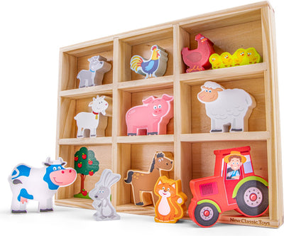 New Classic Toys ® Bauernhoftier-Spielzeug aus Holz – Spielfiguren-Set in Holz-Aufbewahrungsbox – Spielset