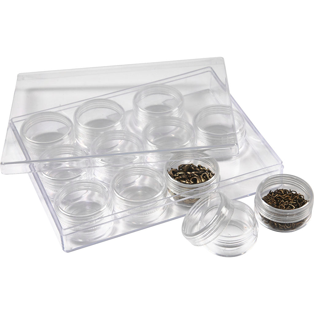 Creativ Company Aufbewahrungsbox mit Gläsern, H: 20 mm, T 35 mm, 10 ml, 12 Stück 1 Set