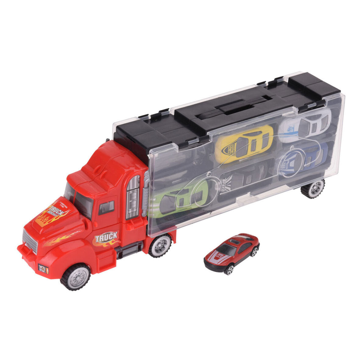 LKW mit Anhänger und 6 Die-Cast-Autos