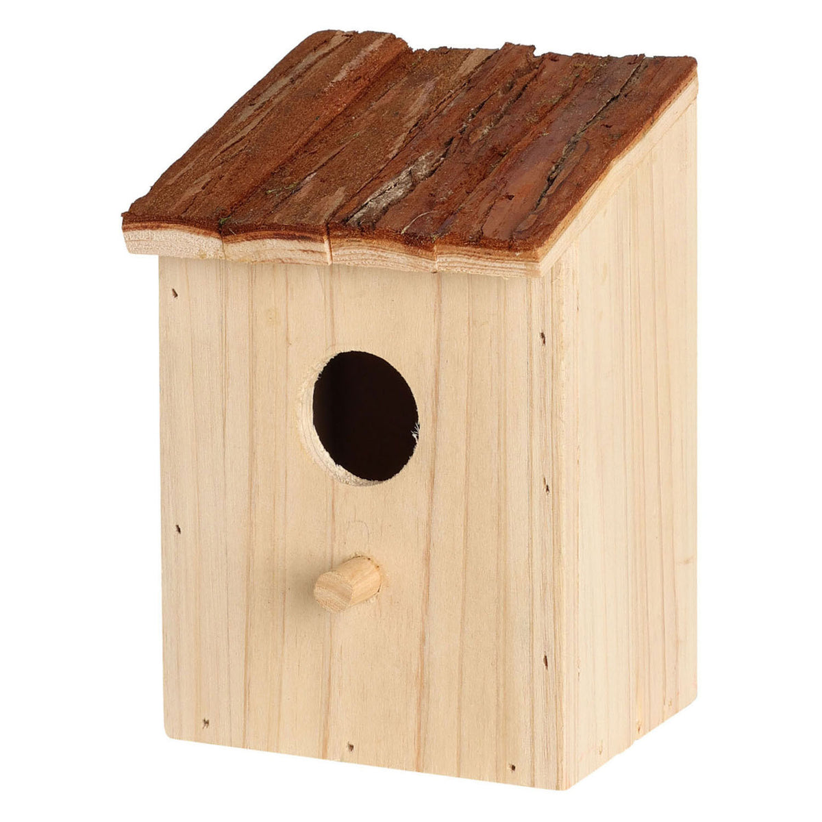 Holzvogelhaus mit braunem Dach