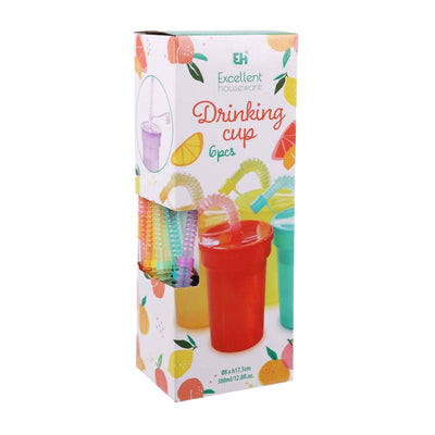 Farbige Trinkbecher mit Strohhalm, 6-tlg.