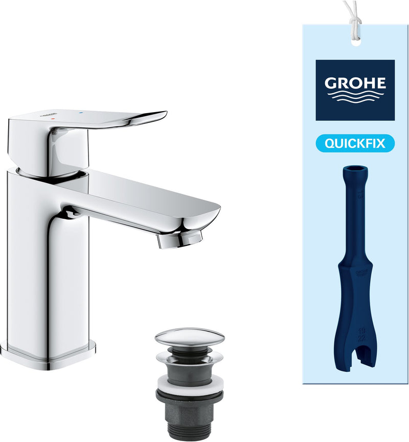 Grohe Dice Waschtischmischer – S-Größe – wassersparend – inklusive Push-Open-Ablaufgarnitur – Chrom
