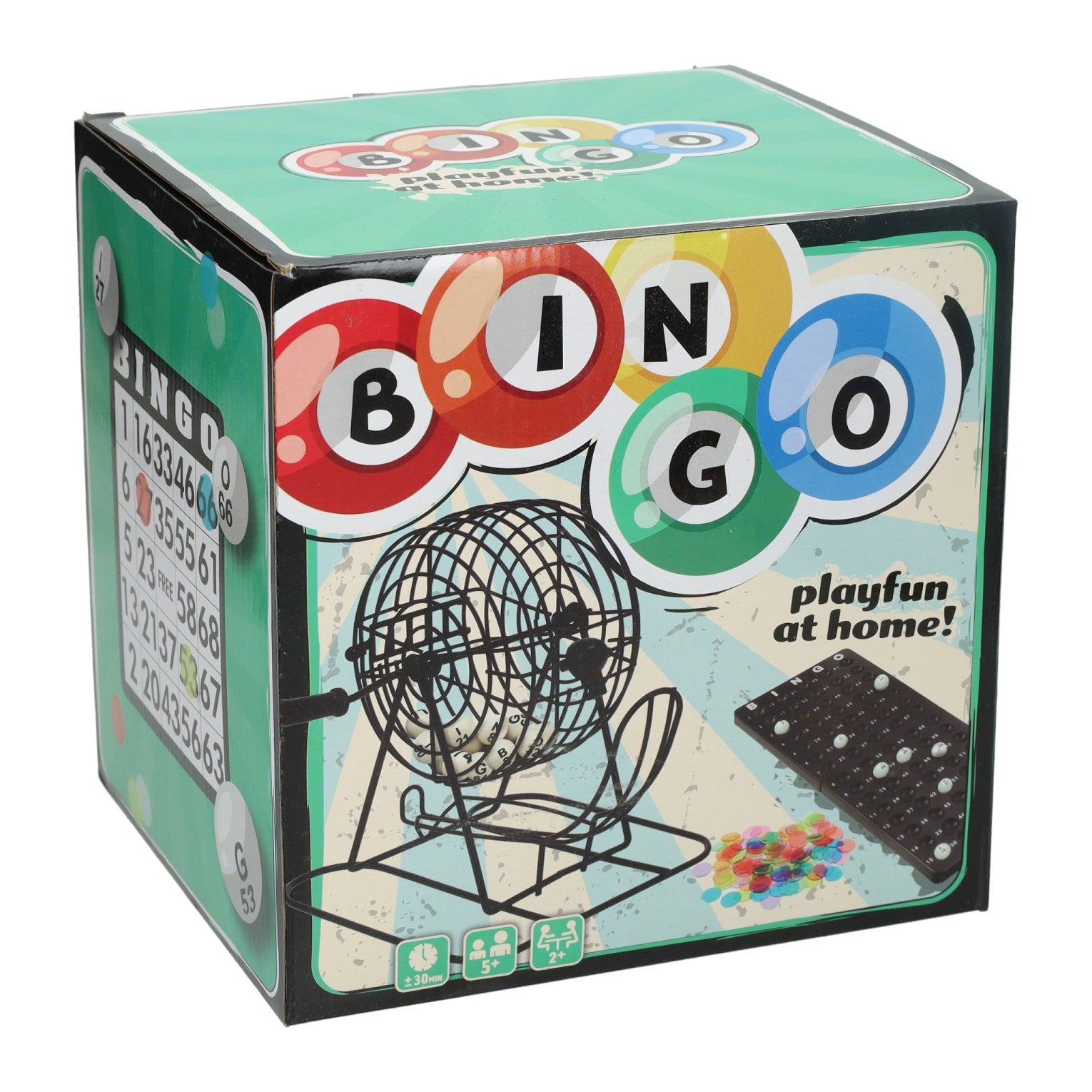 Schwarze Bingorolle mit Spielbrett, Bingokarten und Chips