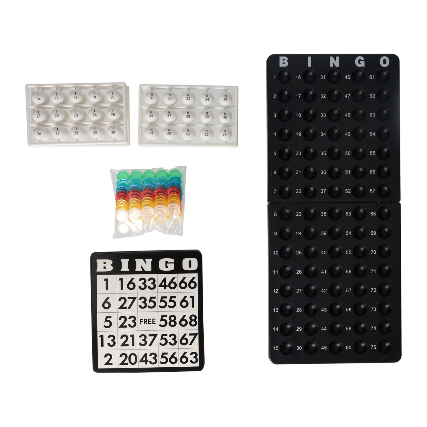Schwarze Bingorolle mit Spielbrett, Bingokarten und Chips