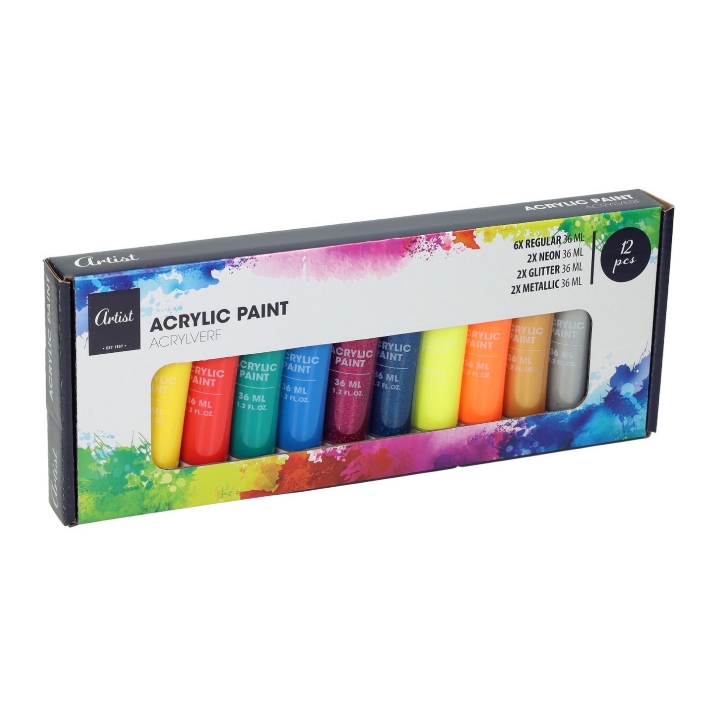 Acrylfarben-Set 12 Neon-, Glitzer-, Metallic- und Standardfarben – 36 ml
