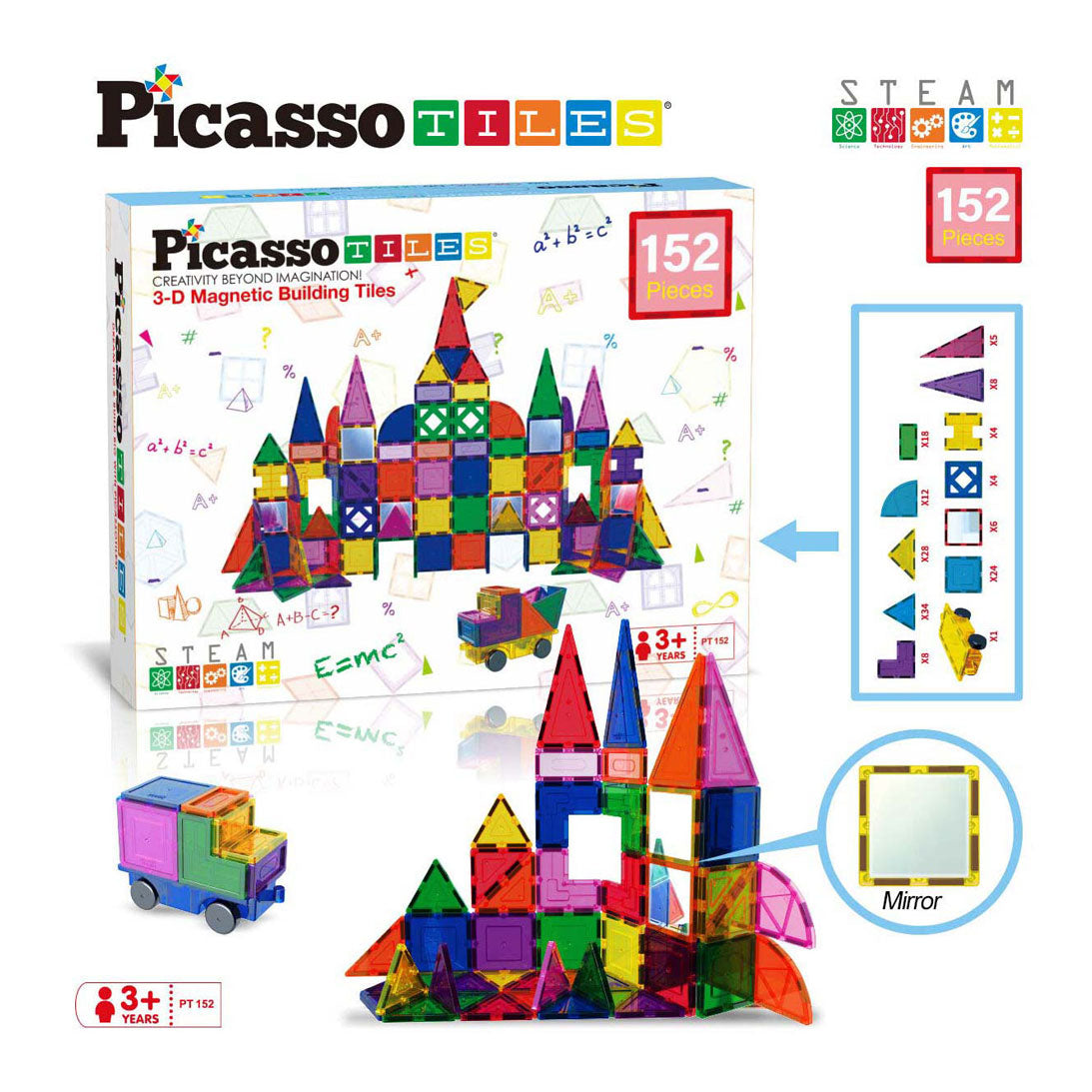 Selecta Picassotiles Blöcke und Spiegel - Magnetische Gebäudefliesen, 152dlg.