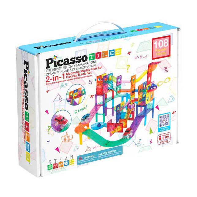 Selecta Picasso-Kugelbahn und Rennstrecke – magnetische Bauplättchen – 108 Stück.