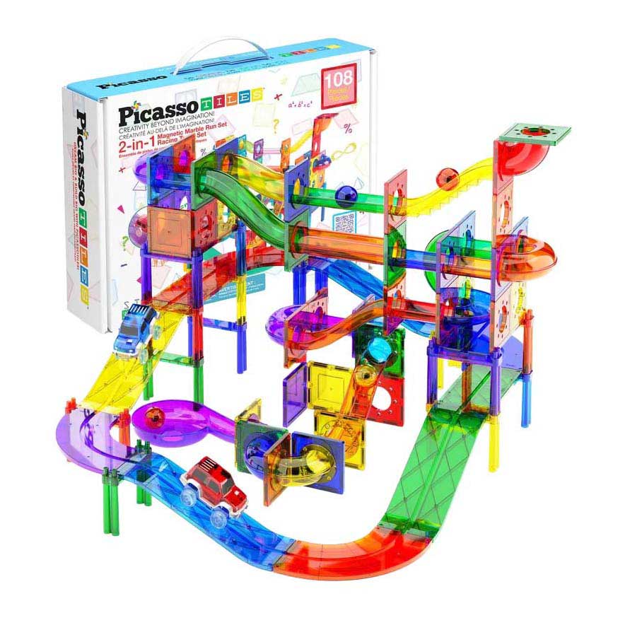 Selecta Picasso-Kugelbahn und Rennstrecke – magnetische Bauplättchen – 108 Stück.