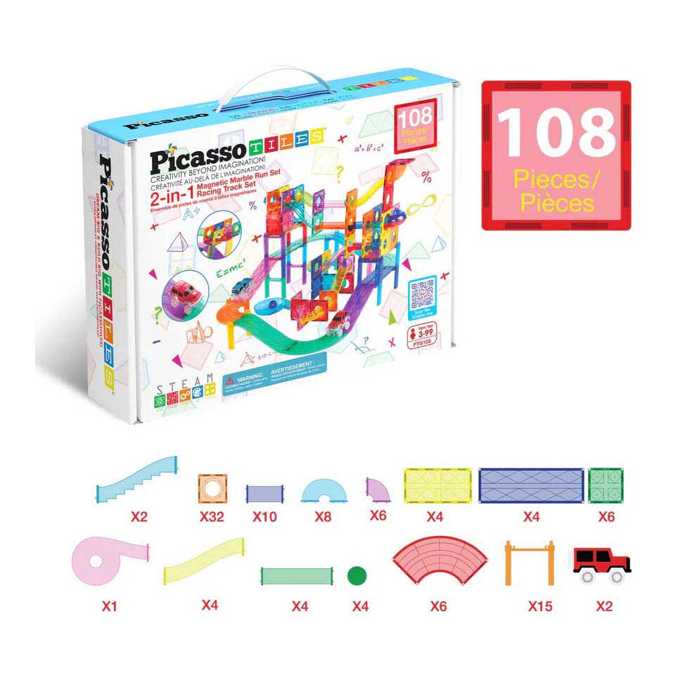 Selecta Picasso-Kugelbahn und Rennstrecke – magnetische Bauplättchen – 108 Stück.