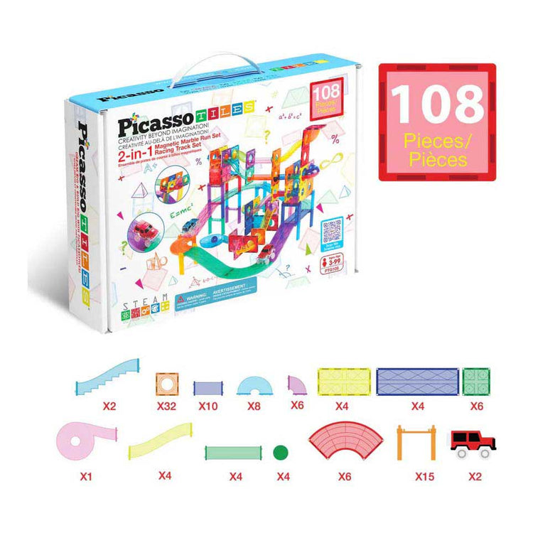 Selecta Picasso-Kugelbahn und Rennstrecke – magnetische Bauplättchen – 108 Stück.