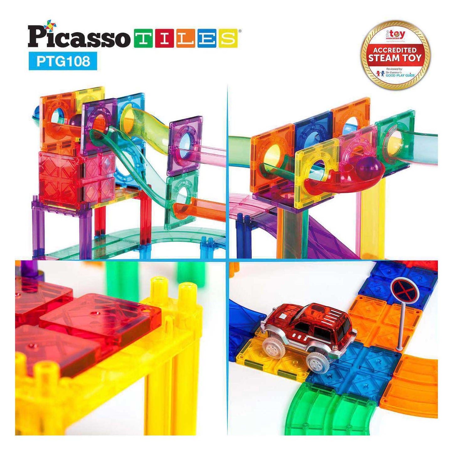 Selecta Picasso-Kugelbahn und Rennstrecke – magnetische Bauplättchen – 108 Stück.