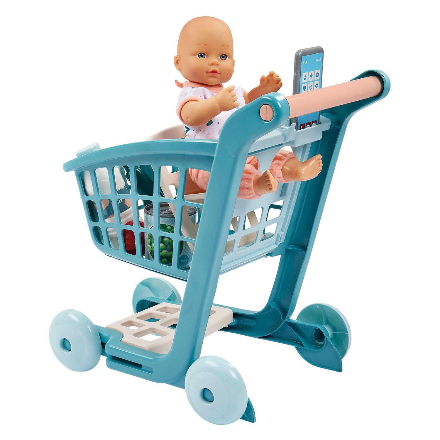 Ecoiffier Vert Azur gefüllter Einkaufswagen mit Babypuppe – 8 Stück.
