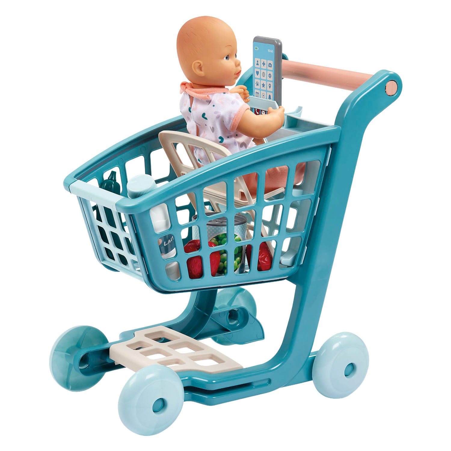 Ecoiffier Vert Azur gefüllter Einkaufswagen mit Babypuppe – 8 Stück.