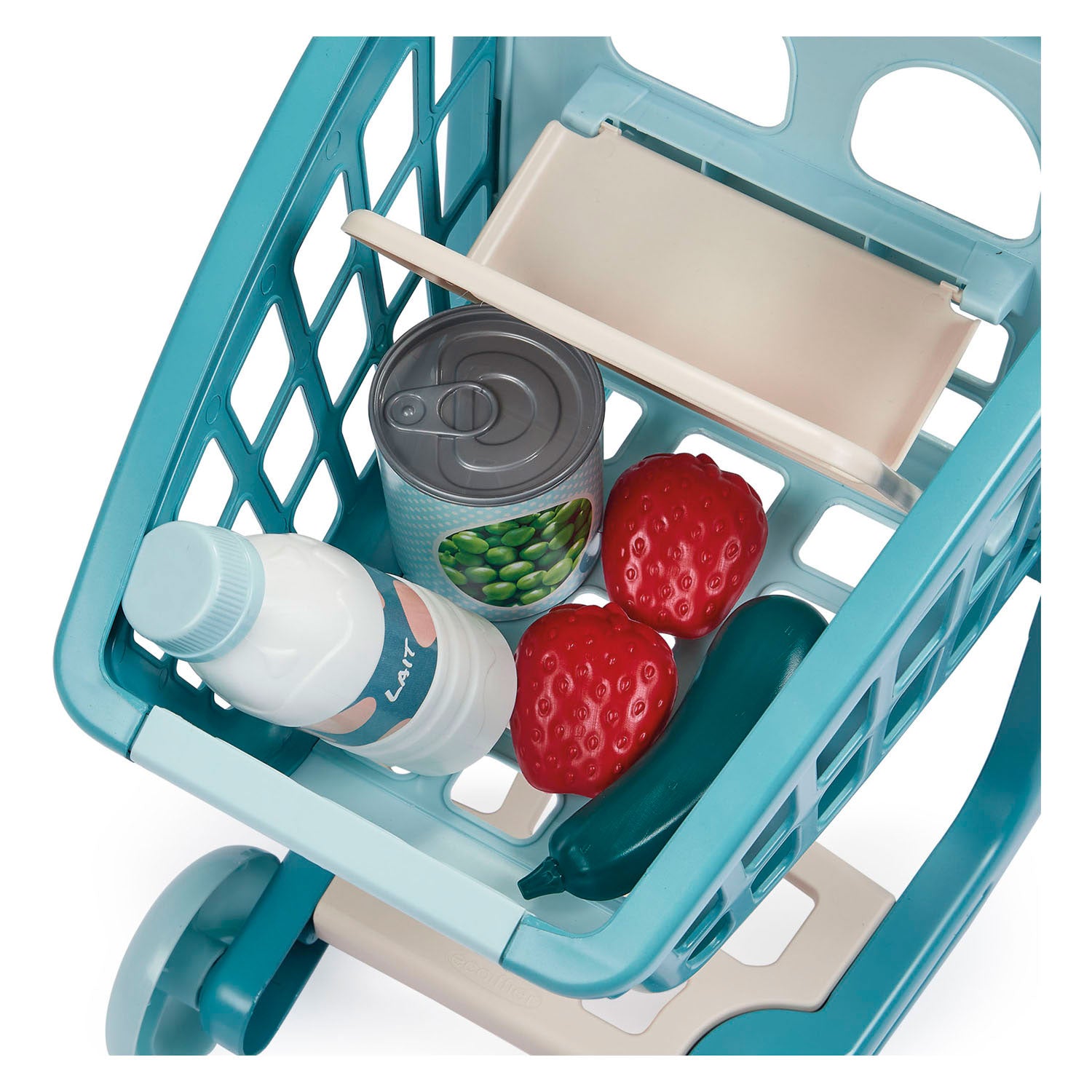 Ecoiffier Vert Azur gefüllter Einkaufswagen mit Babypuppe – 8 Stück.