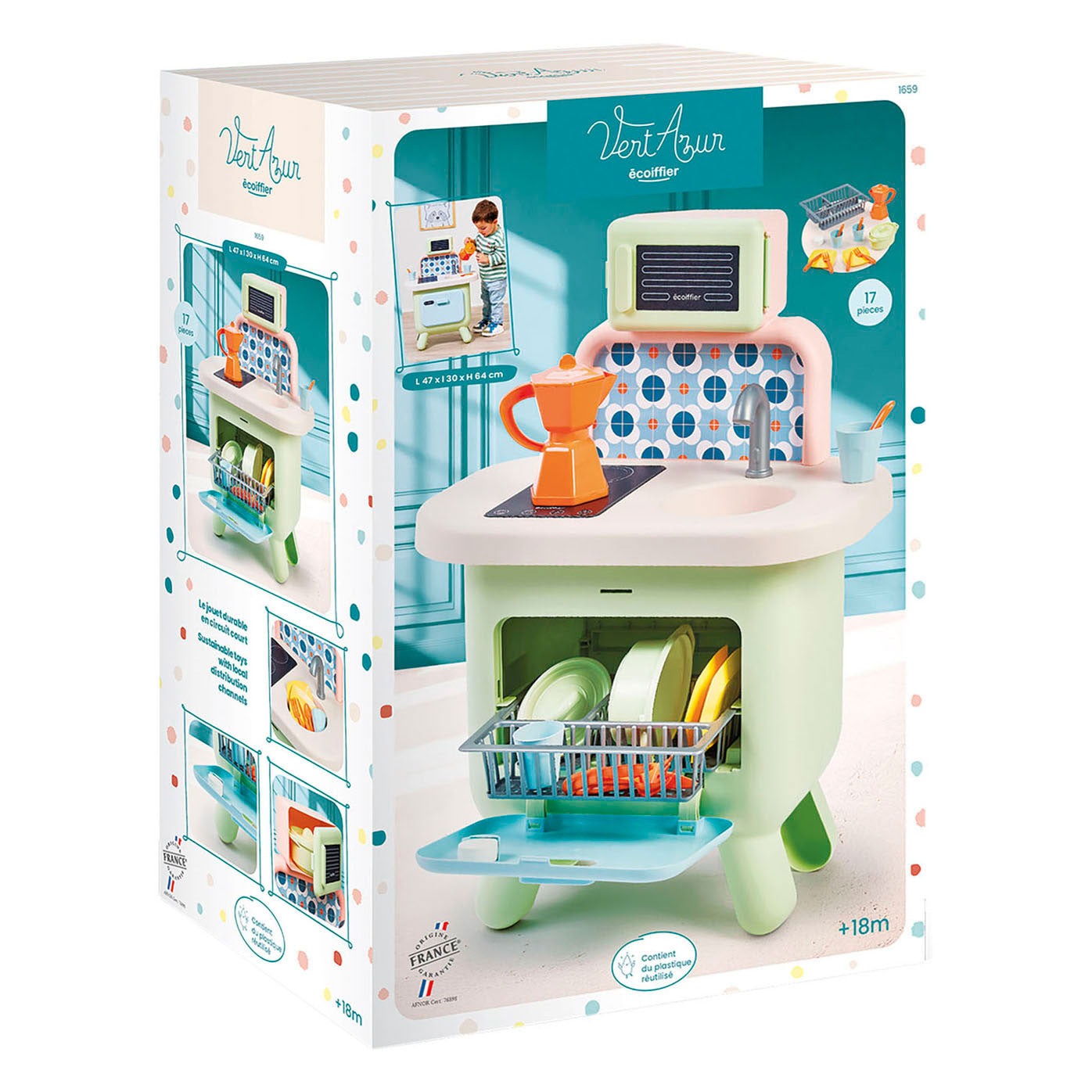 Ecoiffier eociffier vert azur salbeifarbene Küche - 17 Stk.