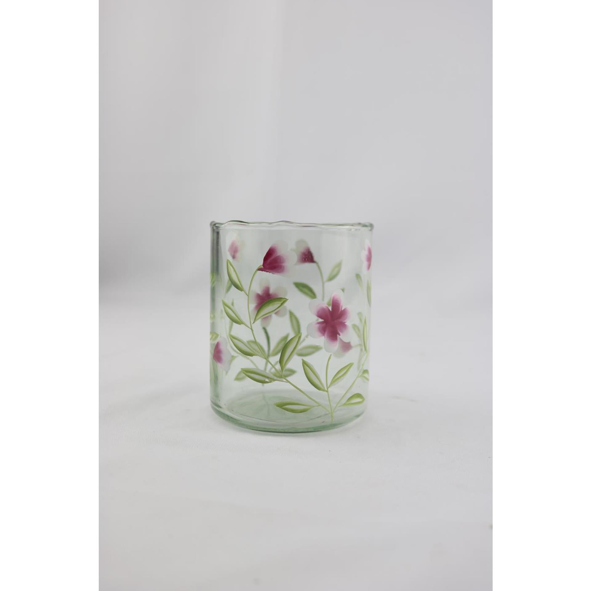 Glasvase mit Villa-Atmosphäre und rosa Blumen, 9 x 9 x 11 cm