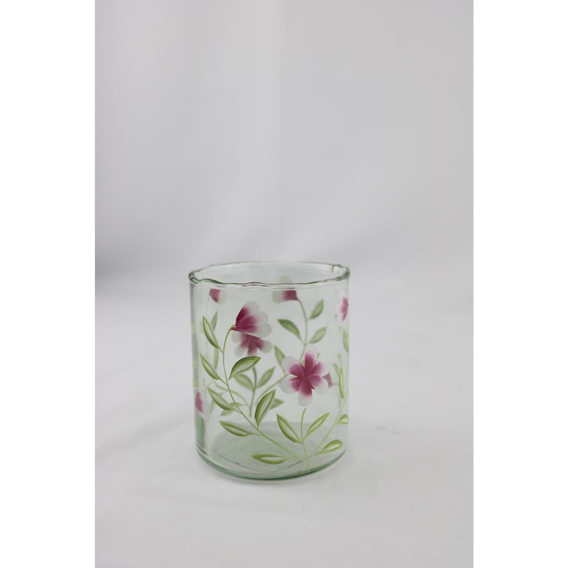 Glasvase mit Villa-Atmosphäre und rosa Blumen, 9 x 9 x 11 cm