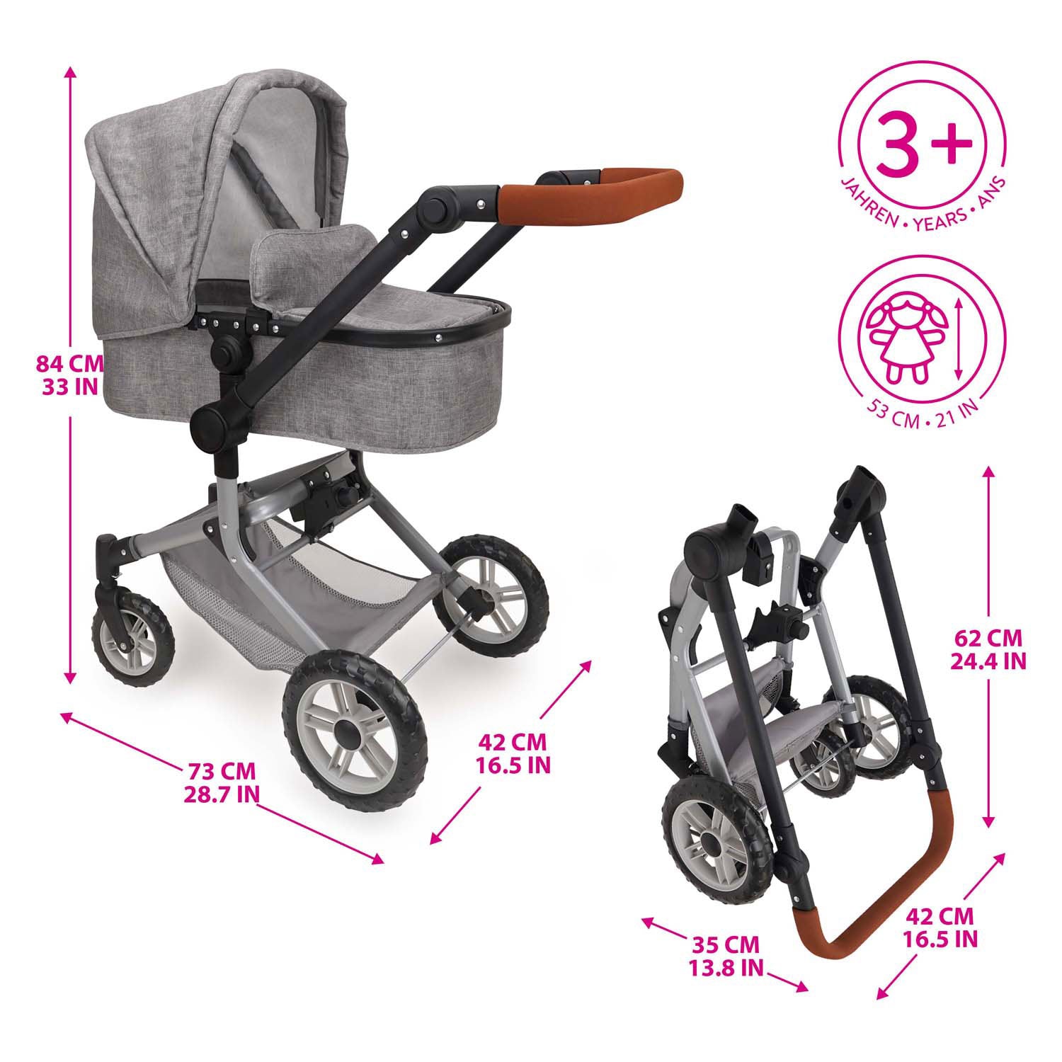2-in-1-Puppenwagen mit Tasche - Grau