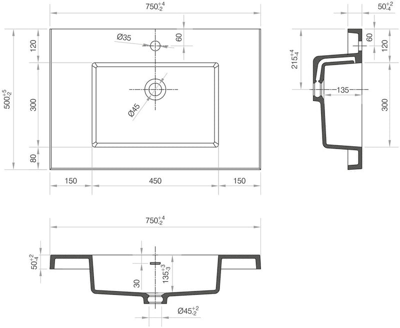 Differnz Möbelwaschtisch Reno Rechteck 75x50x5cm Polybeton weiß 1 Hahnloch Überlauf