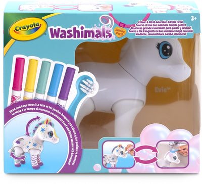 Crayola Washimals Jumbo – Hobby-Paket – großes Pferd Evie (15 cm) zum Färben, Waschen und Neufärben, Set mit 5 abwaschbaren Markern und Pinsel, ab 3 Jahren