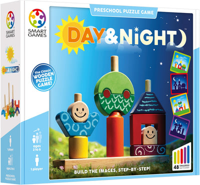 Smartgames Tag Nacht – Holzstapelspiel Formpuzzle – 48 Lernaufgaben – Solospiel für Kleinkinder – ab 1,5 Jahren
