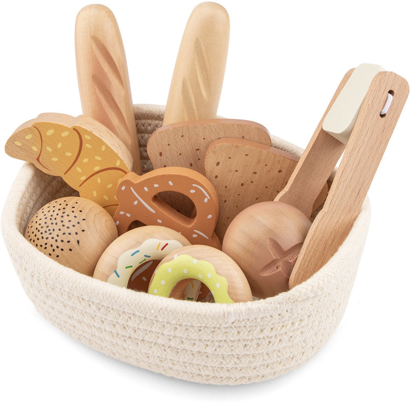 Woet® Brotkorb-Spielset aus Holz – verschiedene Gebäck-Sandwiches im Korb mit Zange – Rollenspiel-Bäckerei – Spielzeug-Küchenzubehör für Kinder – ab 2 Jahren